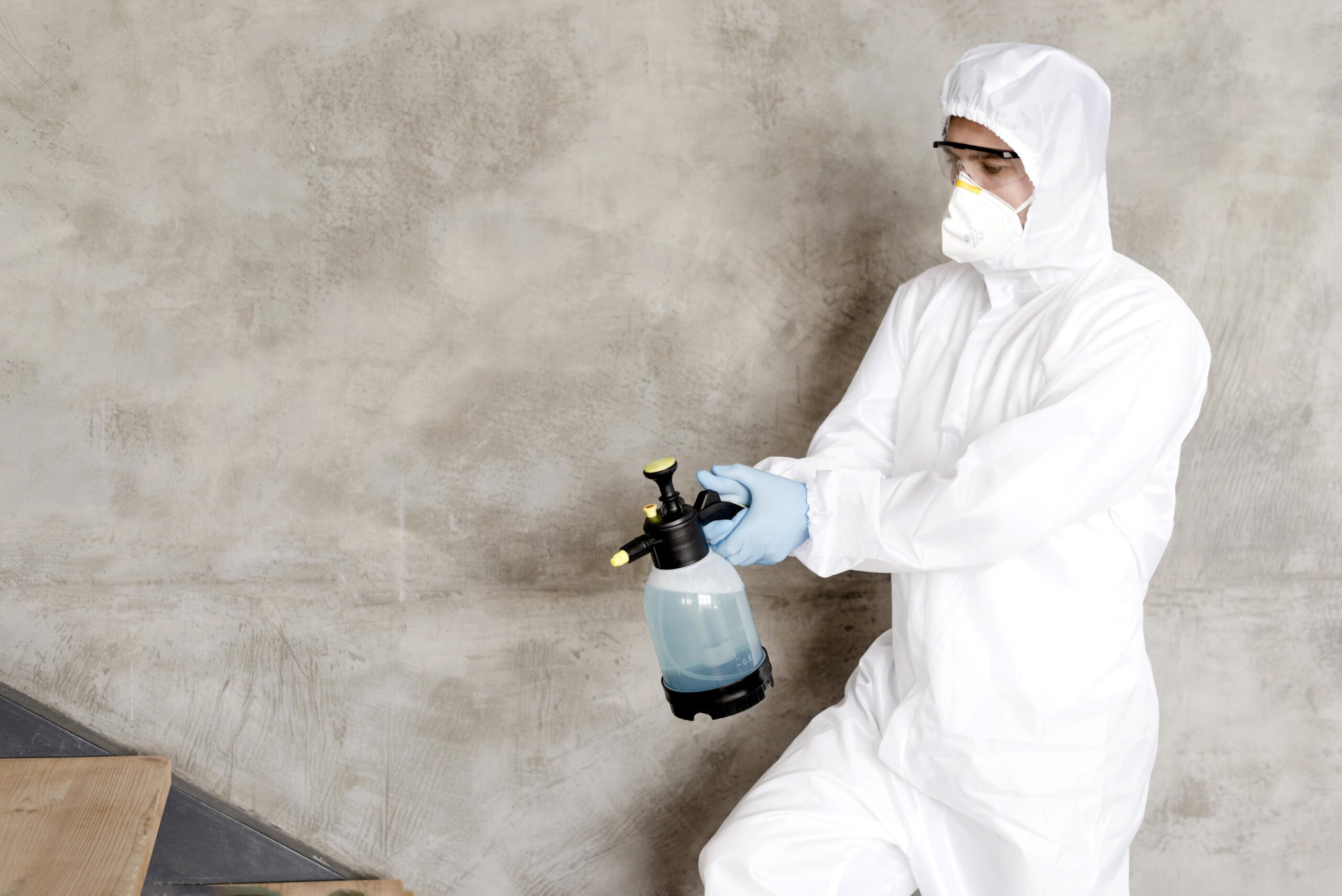 Albuquerque Mold Mitigation professional from Free Mold Inspections New Mexico wearing a white hazmat suit, respirator, and goggles, holding a small hand sprayer with a clear liquid against a concrete wall for mold remediation.