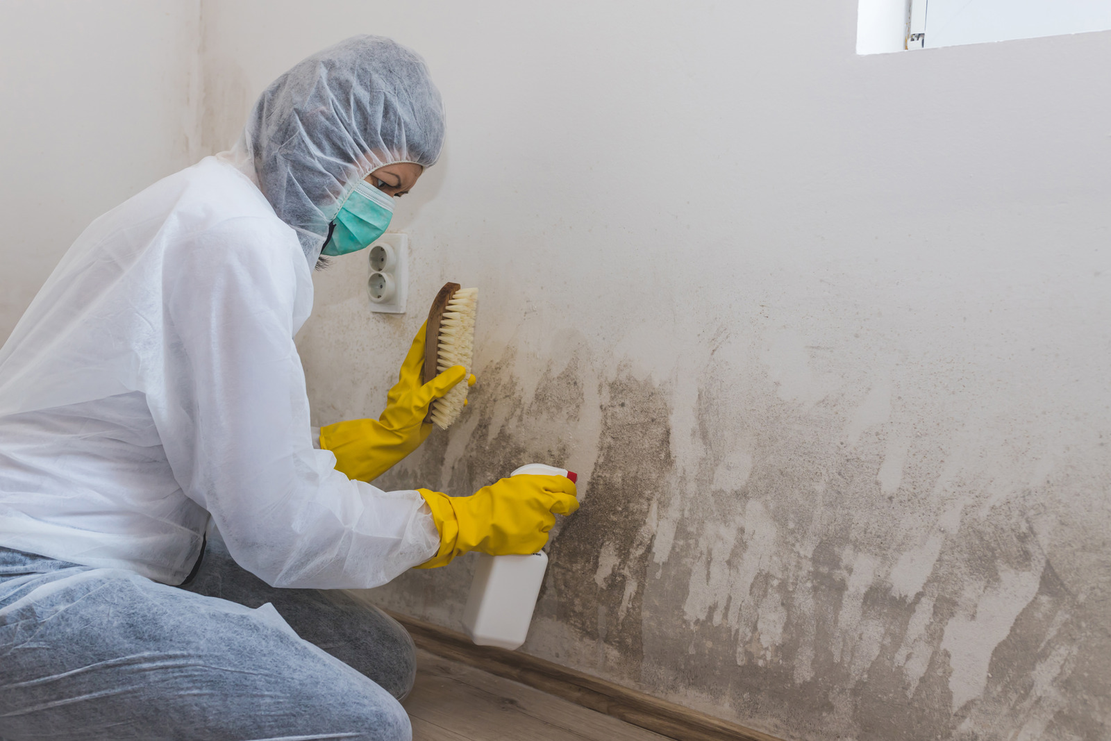 Albuquerque Mold Removal service by Free Mold Inspections New Mexico. A person in a white protective suit, face mask, and yellow gloves is scrubbing heavy mold growth from a white interior wall with a brush while holding a spray bottle.