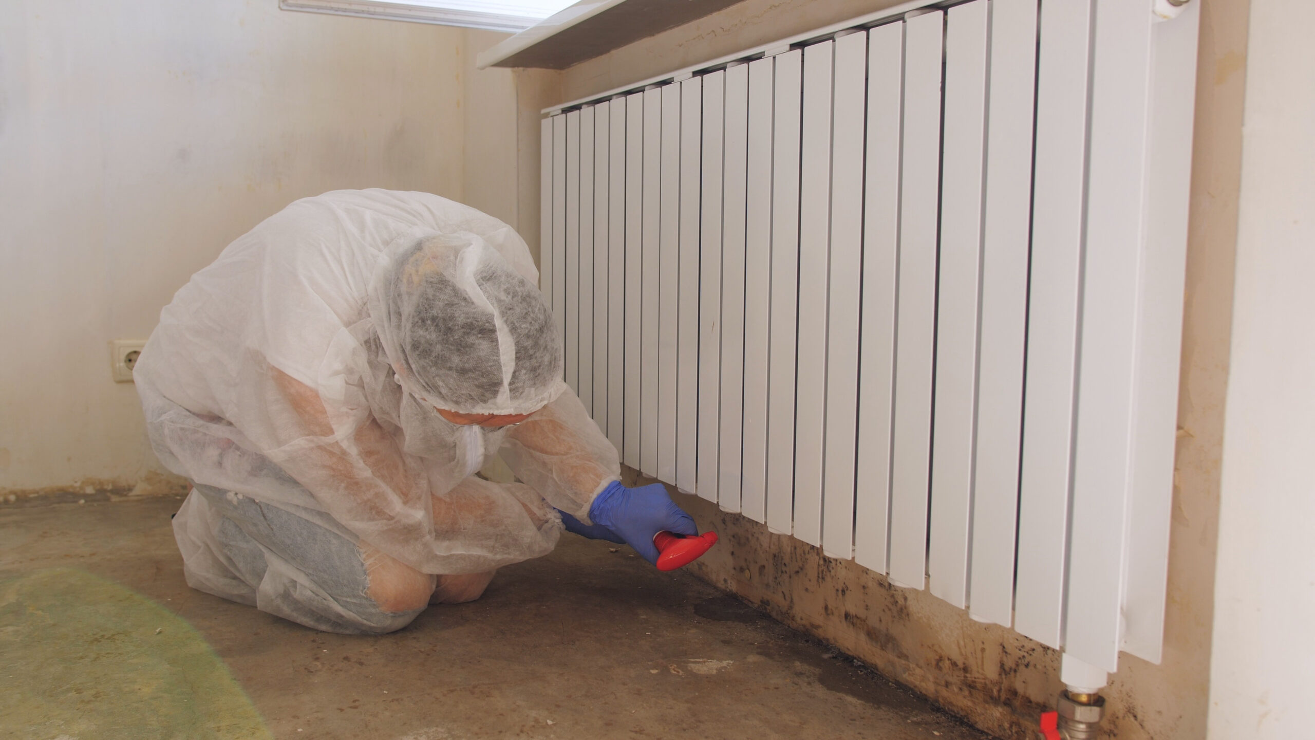 Albuquerque Mold Removal service by Free Mold Inspections New Mexico. A worker in a white protective suit is inspecting or cleaning mold and moisture damage along the base of a white radiator and the concrete floor.