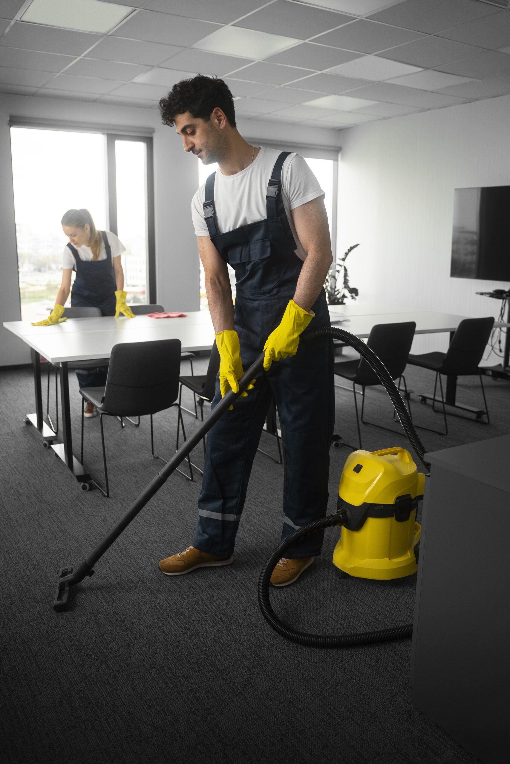 An employee of Albuquerque Rug Cleaning Companies by Bear Oriental Rug Cleaning vacuums a dark gray office carpet with a yellow shop vacuum. A second employee is cleaning a table surface in the background.