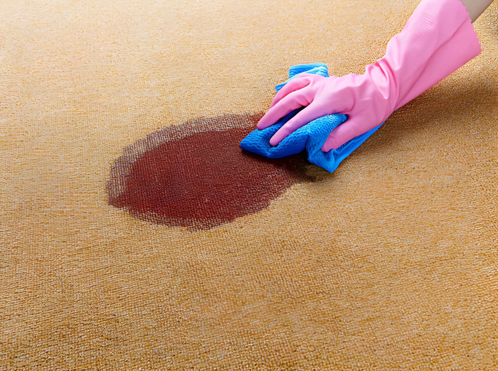 Close-up of a dark red stain on a light brown or tan rug being blotted by a person wearing a pink rubber glove and holding a blue microfibre cloth. This image illustrates Albuquerque Rug Stain Removal services offered by Bear Oriental Rug Cleaning.