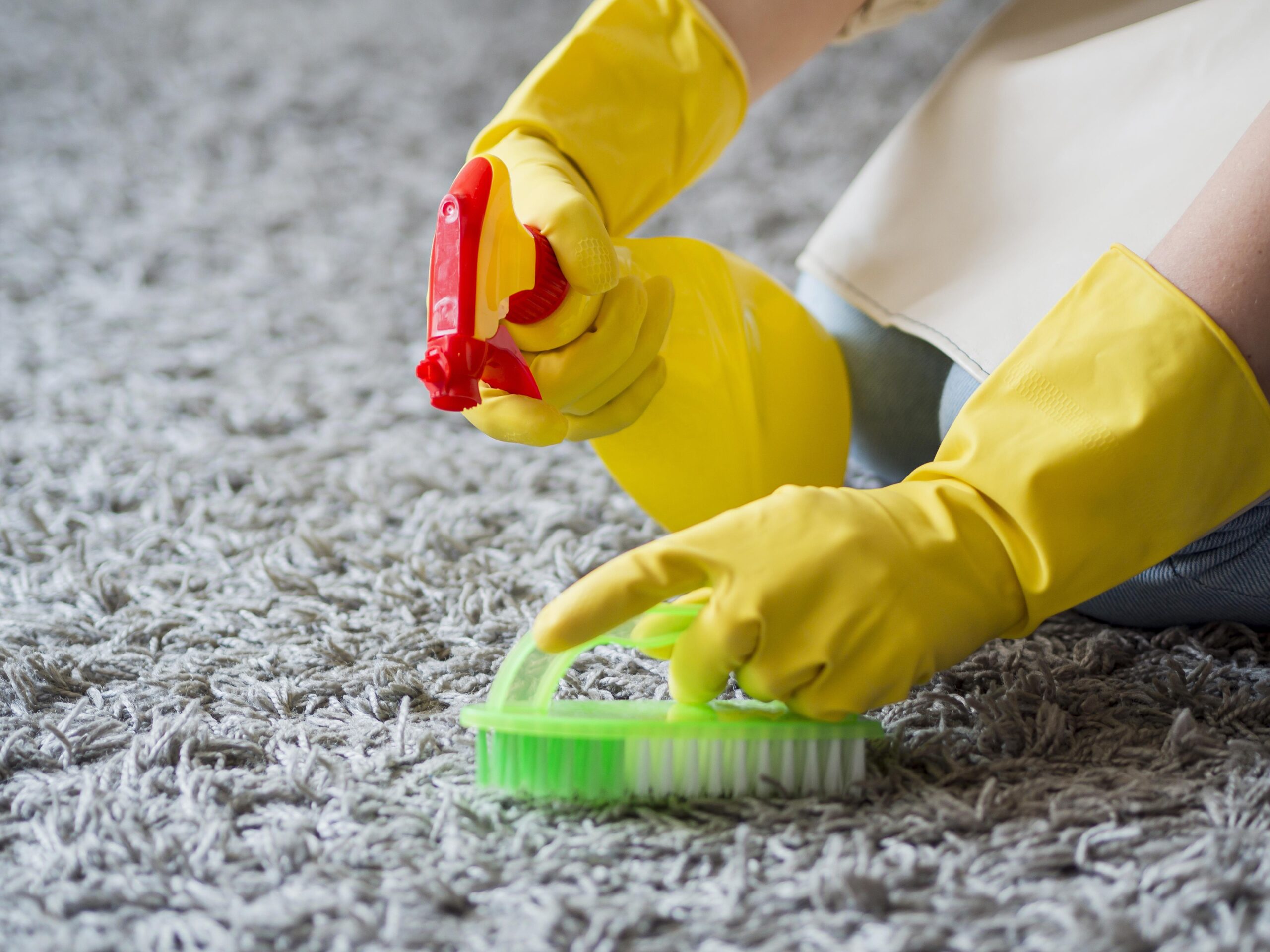 Person wearing yellow rubber gloves kneeling on a gray shag rug, spraying a cleaning solution from a yellow bottle onto the rug while scrubbing with a green brush. This service is provided by Bear Oriental Rug Cleaning for Albuquerque Rug Stain Removal.