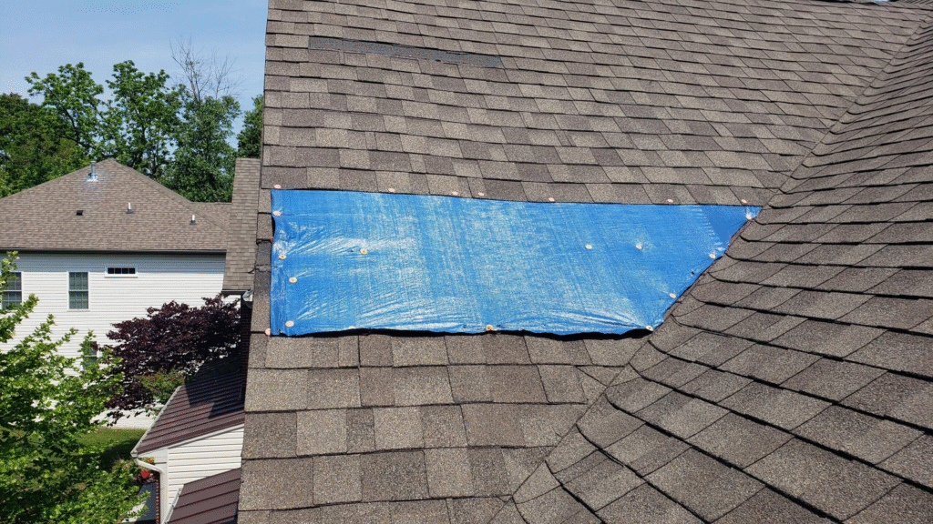 Temporary roof repair by Wegner Roofing & Solar with a blue tarp covering damaged Billings Shingle Roofing shingles on a residential roof, awaiting full replacement.