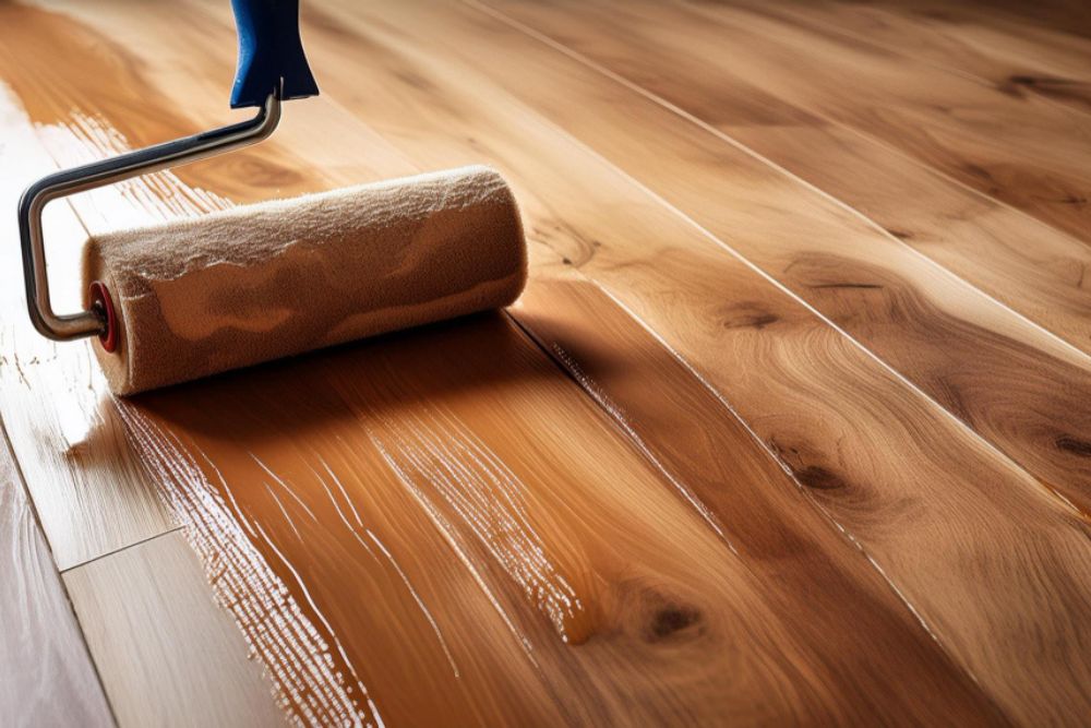 Applying fresh finish on hardwood floor using roller during Burlington Hardwood Floor Refinishing.