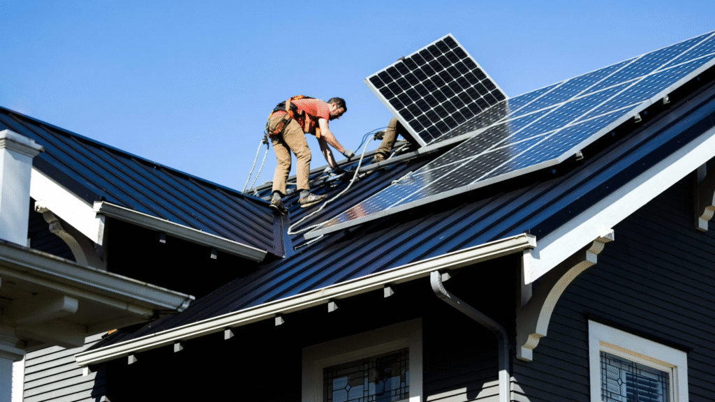 Two professional installers from Burish Builder Columbia, a premier Columbia SC Roofing Company, carefully mount solar panels onto a modern black standing seam metal roof, demonstrating expert clean energy installation.