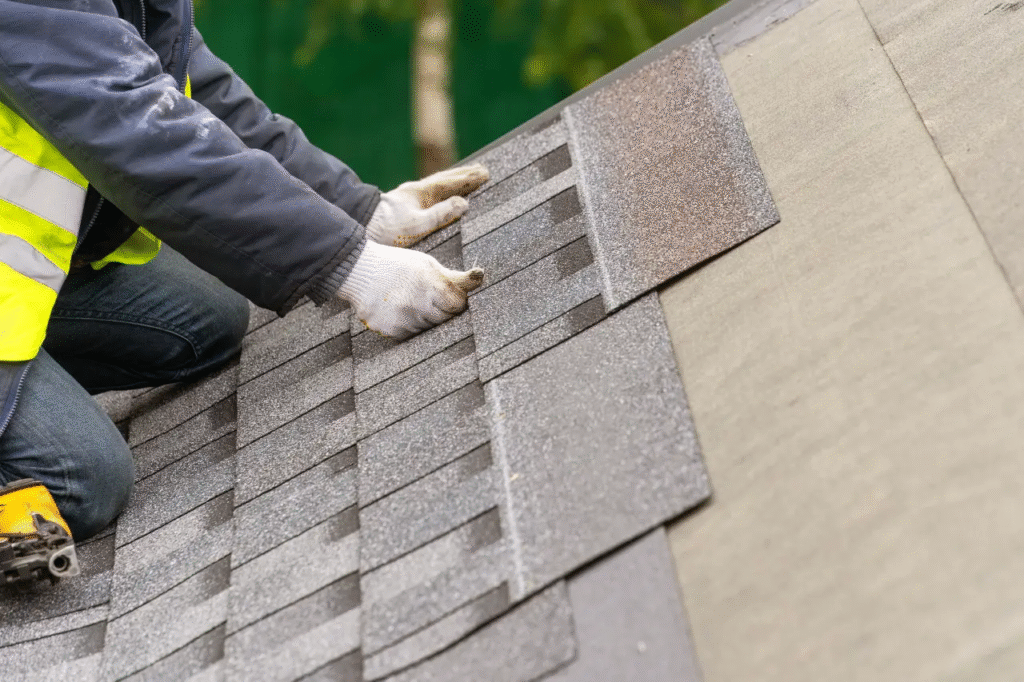 Close-up of a worker's gloved hands securing a gray architectural asphalt shingle during a Columbia SC Roofing Installation project by Burish Builder Columbia.