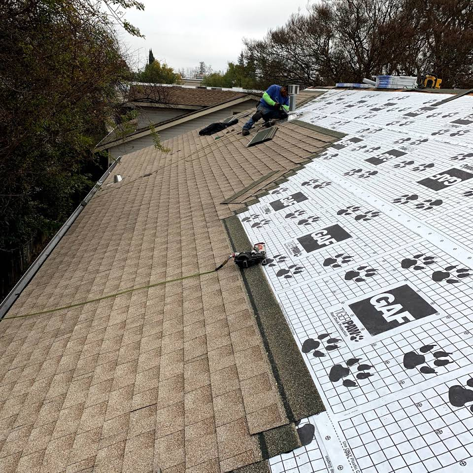 Close-up view of a residential roof replacement in Edmond OK Residential Roof Replacement by Roof One, showing a worker installing GAF roofing underlayment (GAF FeltBuster, featuring paw prints) adjacent to the newly laid brown architectural asphalt shingles.