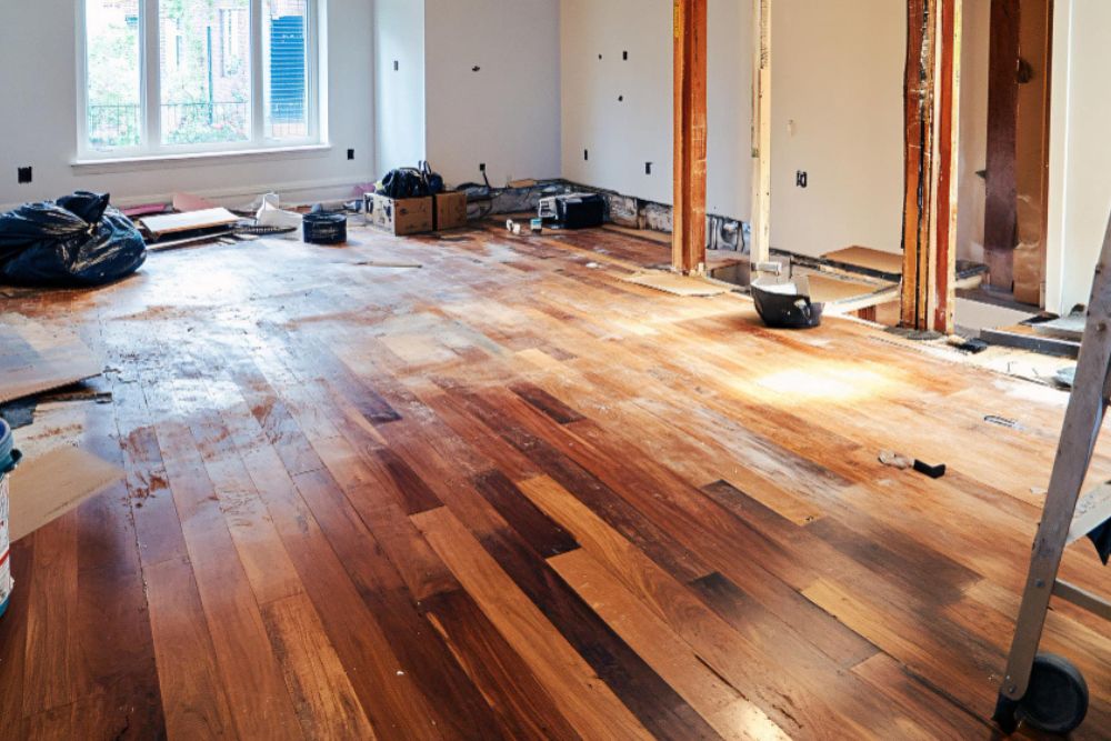 McLeansville Hardwood Floor Refinishing project in progress with partially sanded wood floors.