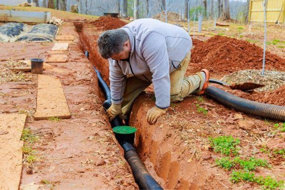 Man installing drainage pipe in a trench near a yard, part of the process by Mooresville Swimming Pool Installers by Craft Master Pools and Spas.