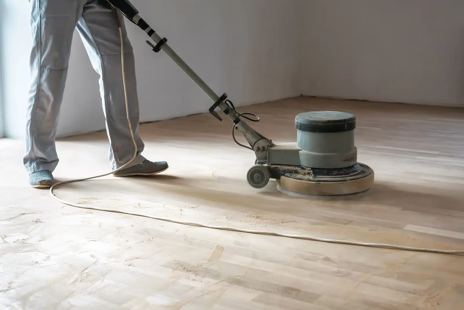 A professional technician using a large floor buffing machine on a light-colored hardwood floor as part of a "Newton NC Hardwood Floor Clean and Buff" service by Good House Floor Care.