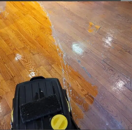 Close-up of hardwood floor in Newton, NC with a machine actively removing old, thick wax, revealing the original wood floor underneath. Service by Good House Floor Care.