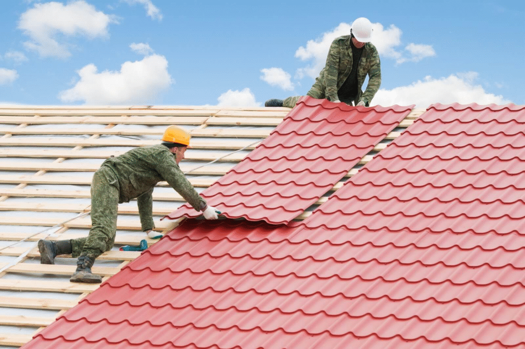 Two professional roofers from Burish Builder Wilmington are installing a new red metal roof on a sunny day. This image showcases a Wilmington NC Roofing Installation project, with the team carefully laying large metal panels onto the wooden roof structure.