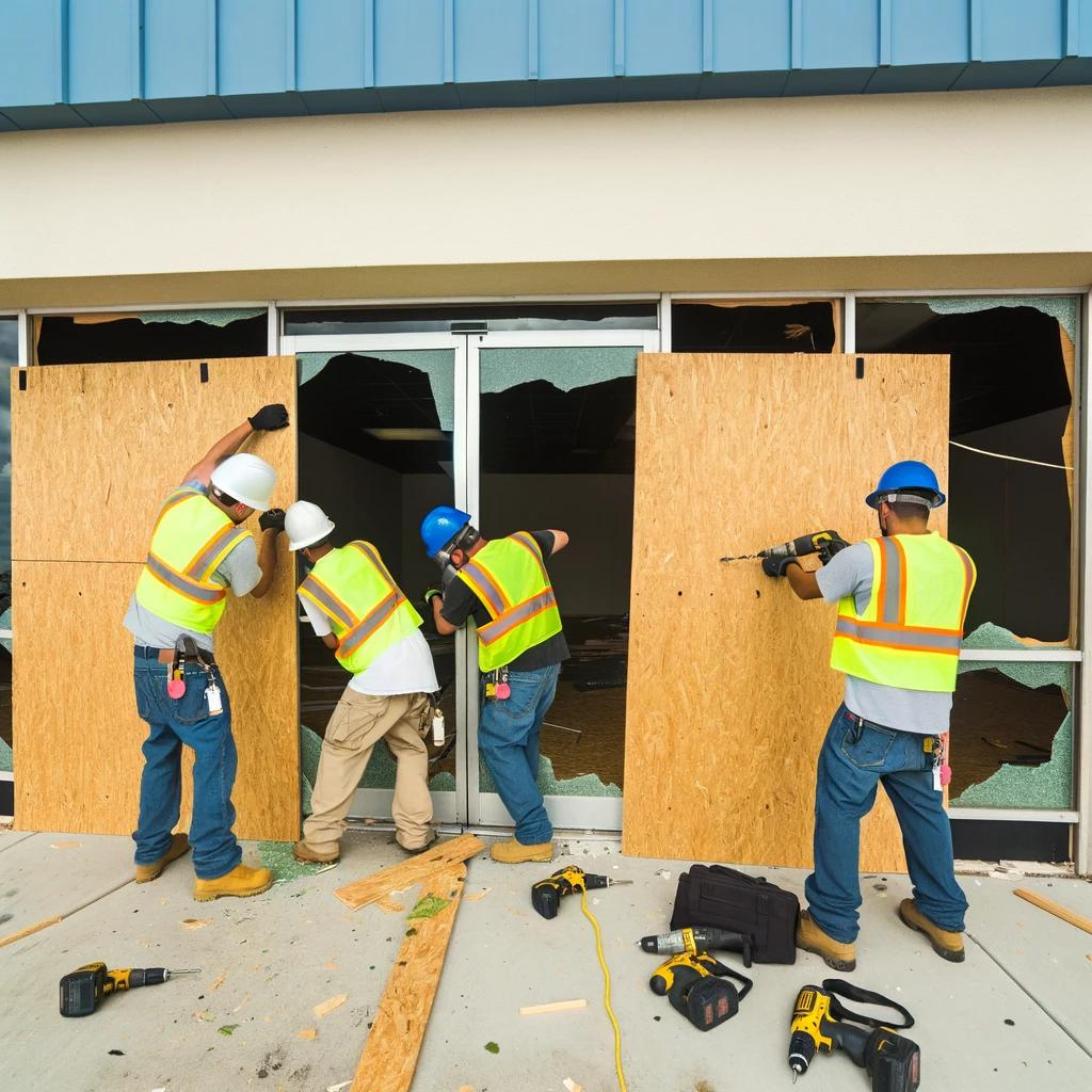 Carver MN Siding Contractor by Pro24 Contracting, Inc. crew installing large plywood boards over a storefront with broken glass, demonstrating emergency storm damage or security boarding services.
