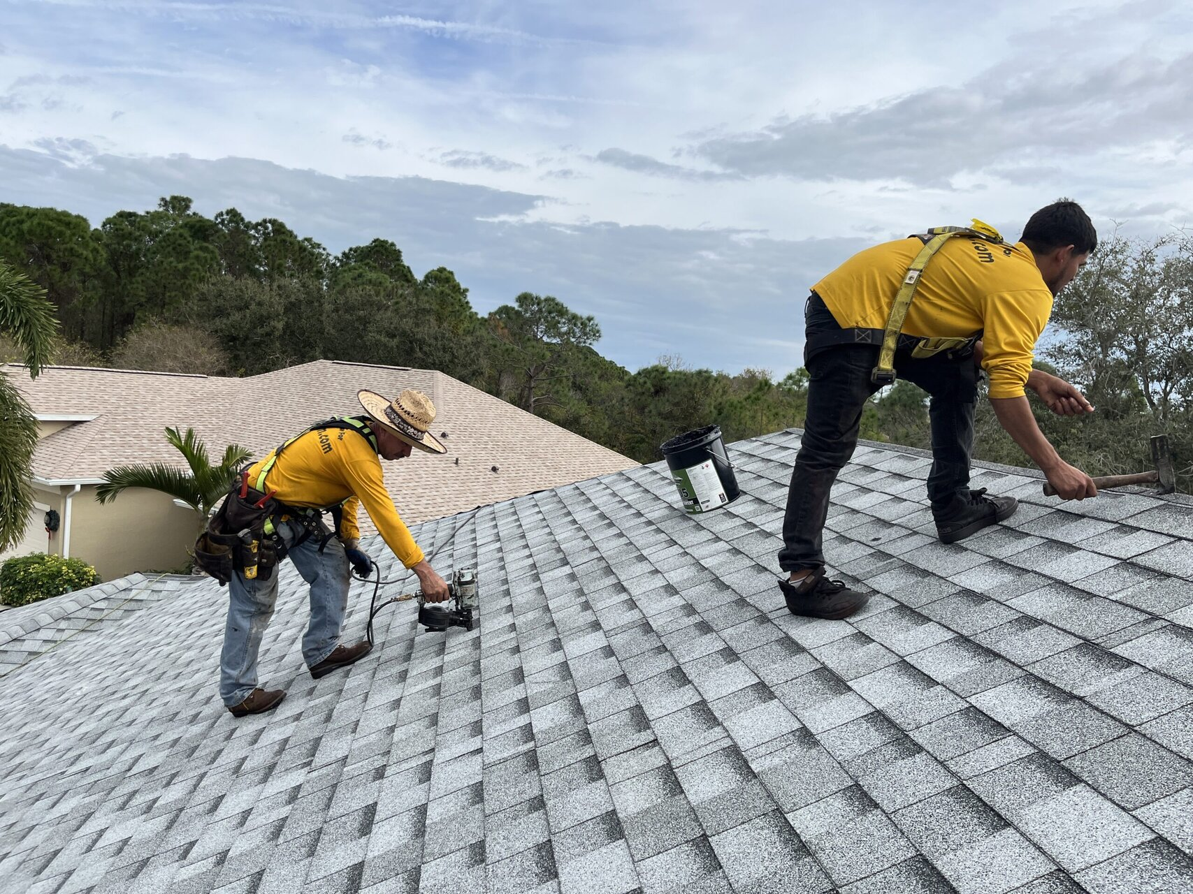 Two roofers wearing bright yellow shirts and safety harnesses are installing light gray asphalt shingles on a residential roof in a sunny, suburban area. One is using a power tool, and the other is hammering. This is an example of asphalt shingle repair and installation work by Concord NC Roofing Company by Burish Builder CLT.