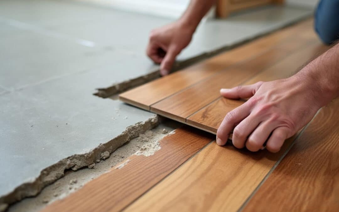 Close-up of a person's hands installing a plank of light brown, engineered hardwood flooring directly over a concrete subfloor, demonstrating Hardwood Floor Installation Roswell GA by Peachy Flooring Solutions.