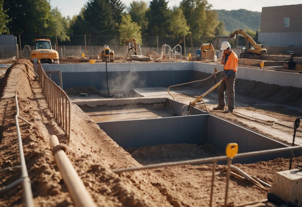 A construction worker in a hard hat and safety vest uses equipment to smooth the base of a large, excavated area for a new inground pool project, showcasing expert Mooresville Inground Pool Construction Services by Craft Master Pools and Spas. Construction equipment is visible in the background.