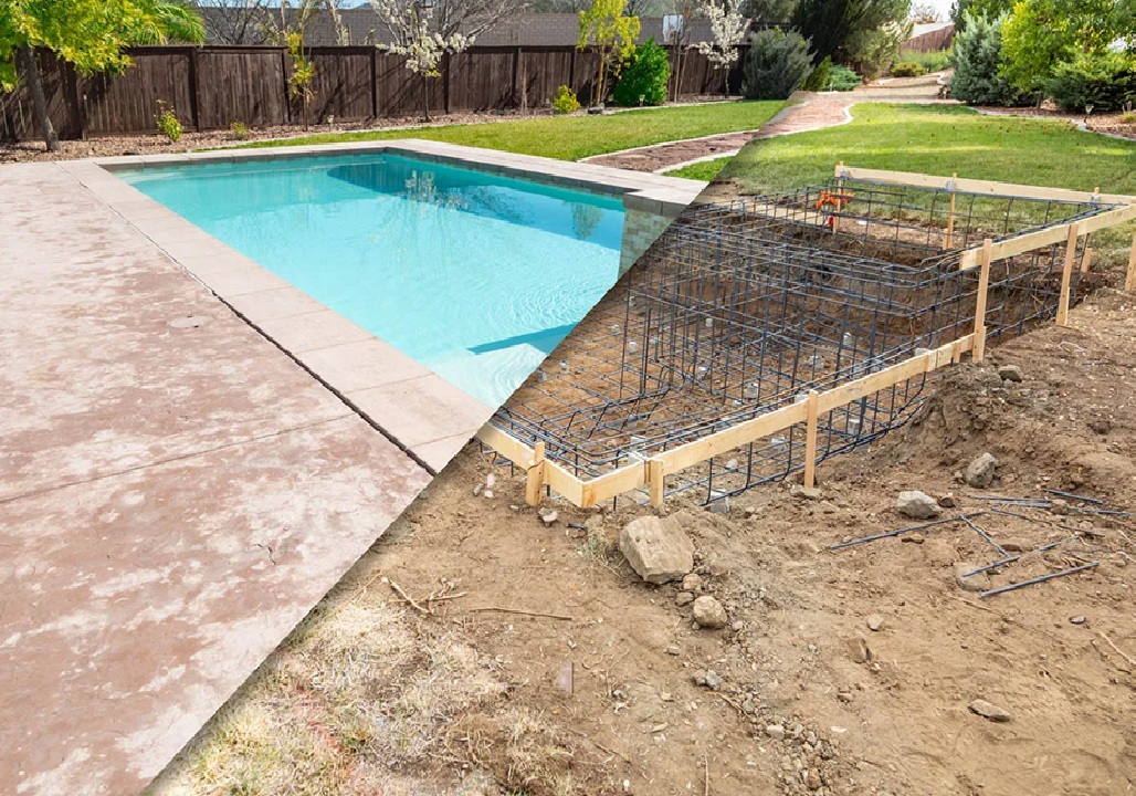 A split image contrasting the finished result (top left: a rectangular, blue-water inground pool with surrounding patio) with an early construction phase (bottom right: a hole in the dirt with steel rebar framing installed, ready for concrete), demonstrating comprehensive Mooresville Inground Pool Construction Services by Craft Master Pools and Spas.