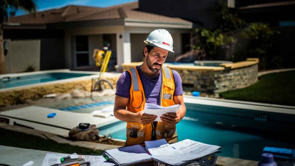 A construction worker in a white hard hat and orange safety vest reviews blueprints and documents near a newly finished or under-construction backyard swimming pool, illustrating the professional services of Mooresville Pool Construction Companies by Craft Master Pools and Spas.