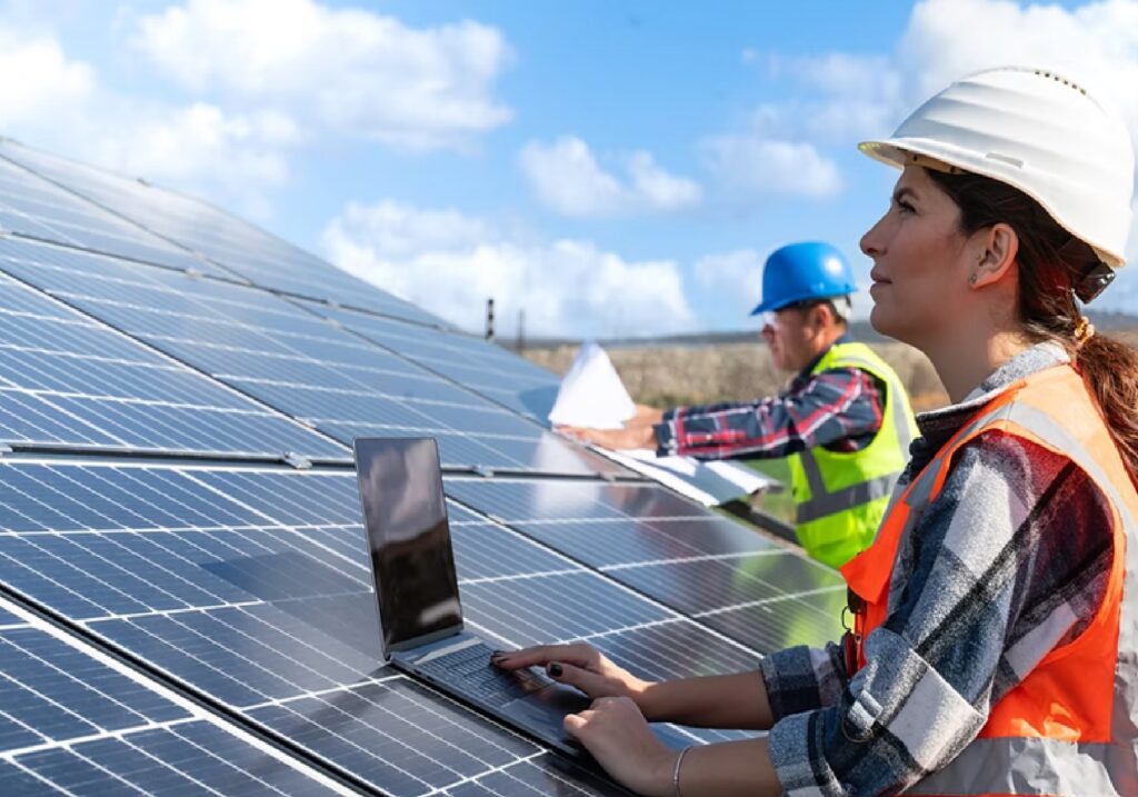 A female technician from Wegner Roofing & Solar uses a laptop on a large array of solar panels, overseeing a Rapid City Solar Installation Companies project while a male coworker reviews plans in the background.