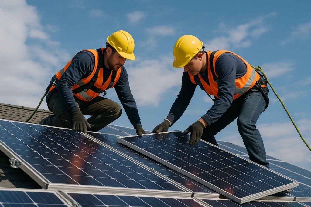 Two Rapid City Solar Installation Contractors by Wegner Roofing & Solar, wearing yellow hard hats and safety harnesses, carefully positioning solar panels onto a dark shingled roof under a blue sky.