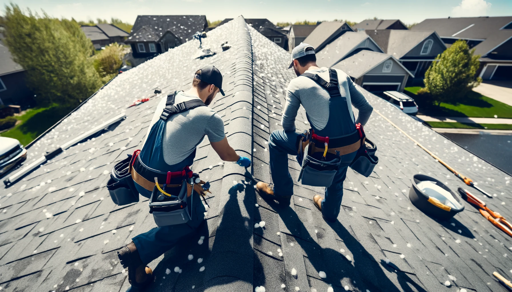 An overhead view of two professional roofers, part of the team at Roofing Company Lexington SC by Burish Builders Columbia, kneeling on a dark gray shingle roof in a suburban neighborhood. They are actively working on the ridge line, surrounded by tools and materials.