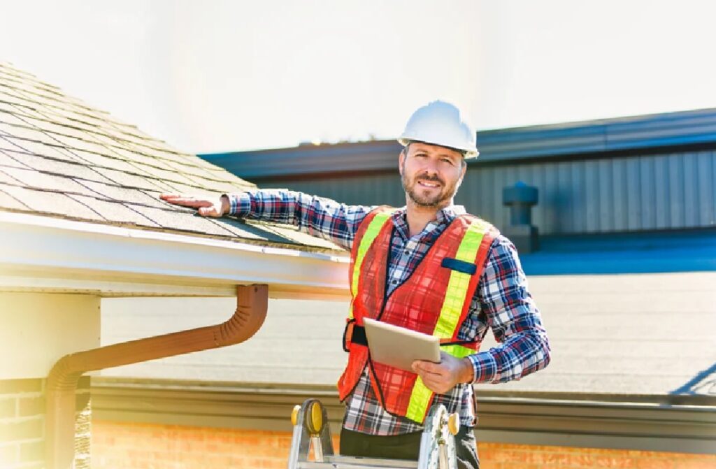 Smiling Spearfish Roofing Contractor from Wegner Roofing & Solar standing on a ladder, leaning on a shingled roof, holding a tablet, and wearing a hard hat and safety vest.