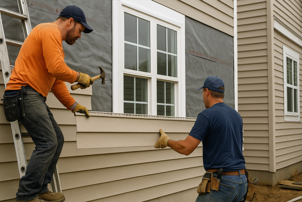 Two Spearfish Vinyl Siding Installers from Wegner Roofing & Solar installing light beige horizontal vinyl siding on the exterior of a home. The installer on the left is on a ladder, holding a hammer and aligning a piece of siding below a white-framed window. The second installer is on the right, helping to position the siding panel against the exterior wall, which is covered in a dark-colored house wrap.