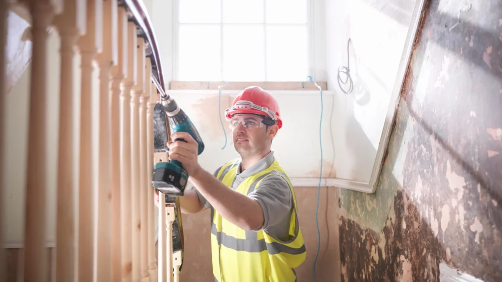 A construction worker wearing a red hard hat, safety goggles, and a yellow safety vest is installing a wooden handrail on a newly built staircase. He is using a cordless drill to secure the curved section of the handrail to the balusters. The surroundings show an unfinished construction site with exposed plaster and wires. This image relates to Staircase and Handrails Installation Roswell GA by Peachy Flooring Solutions.