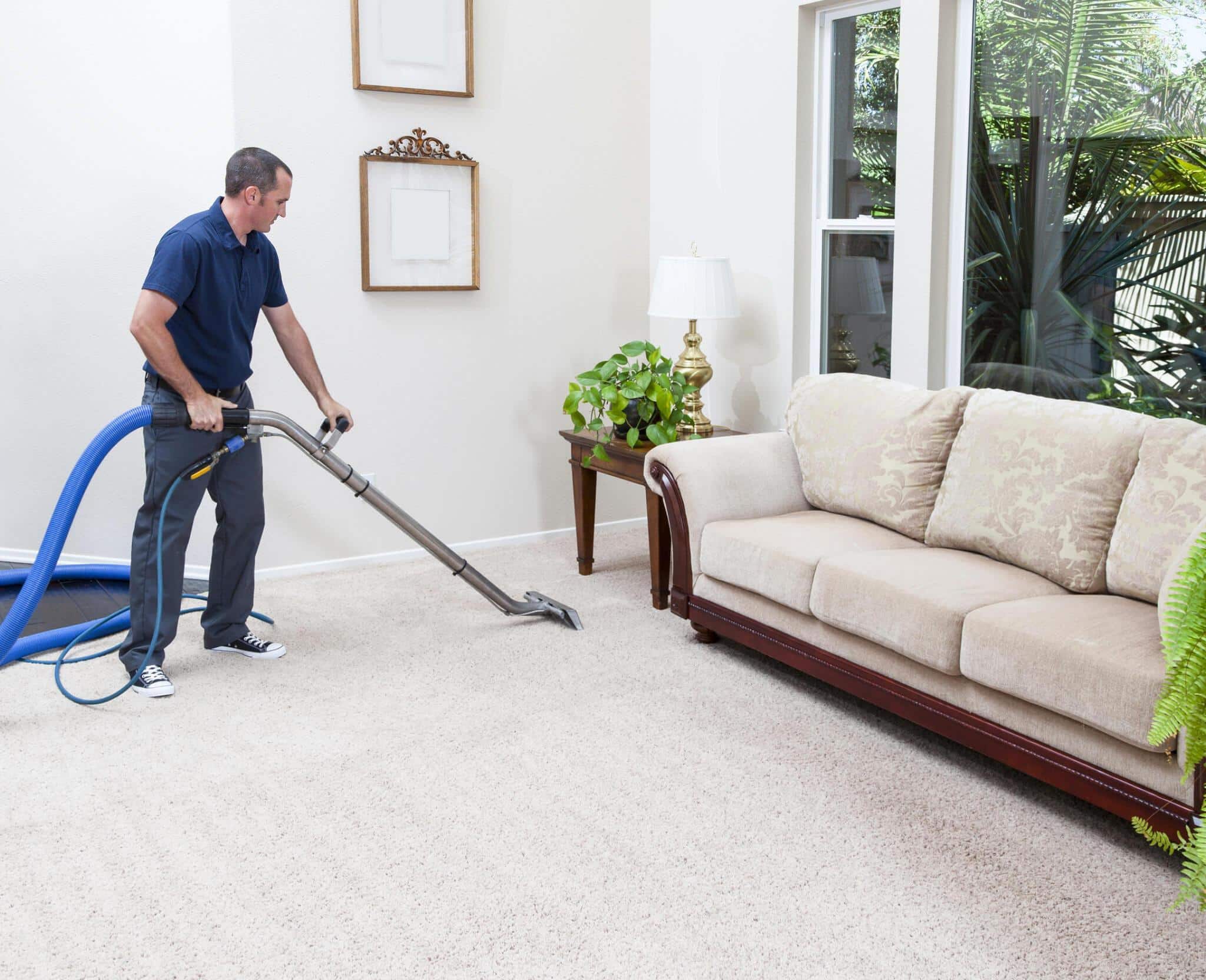 Upper Marlboro MD Carpet Cleaning by Triangle Legacy. A man in a blue shirt and gray pants is deep cleaning a light-colored carpet in a living room with professional equipment. A beige sofa, a side table with a lamp and plant, and a large window with outdoor greenery are visible in the background.