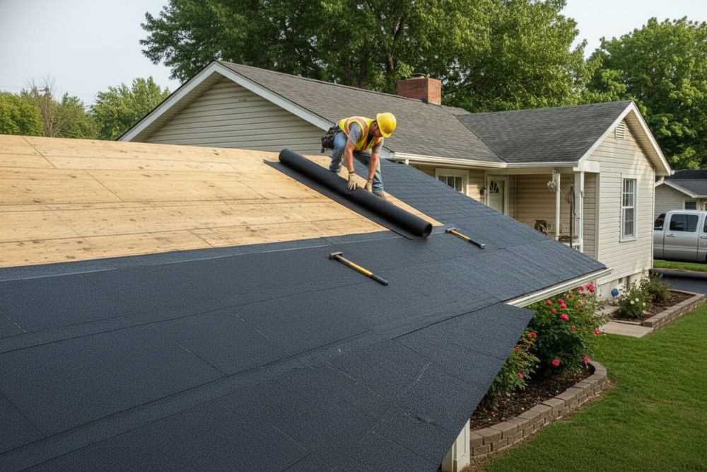 A professional roofer performing a Eugene residential roof installation, rolling out black underlayment on a plywood roof deck of a suburban home.