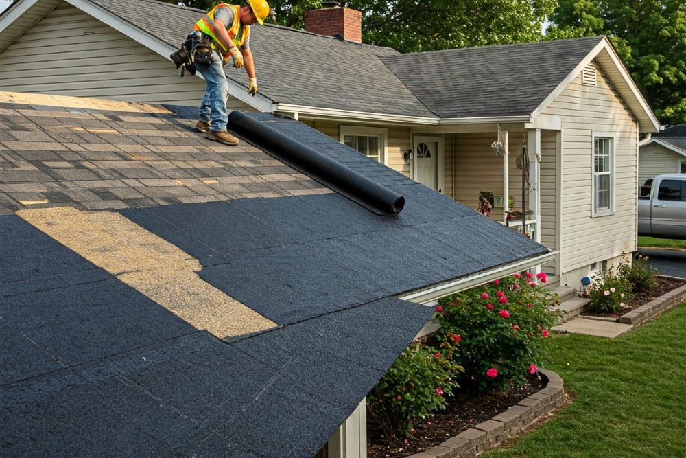 Worker installing new roofing underlayment on a home during Eugene residential roof installation.