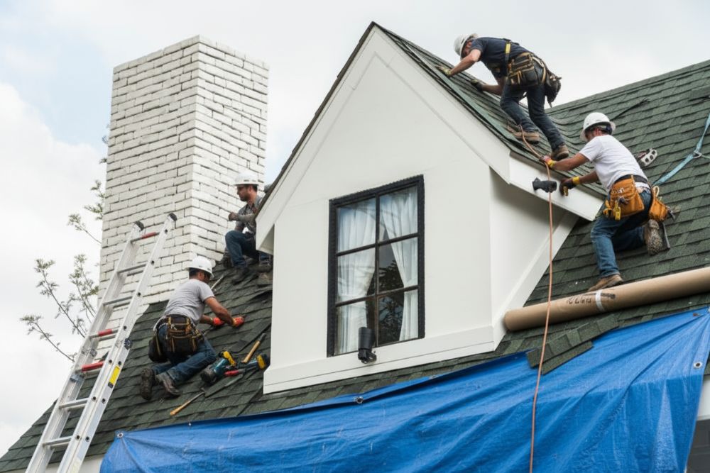Professional crew performing Eugene residential roof repair on a steep asphalt shingle roof.