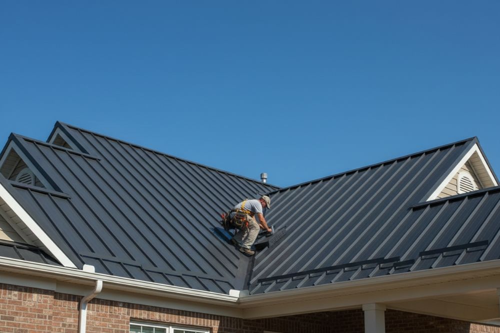 Professional installation of a charcoal gray standing seam metal roof for a Eugene residential roof replacement project on a house with tan siding and brick accents.