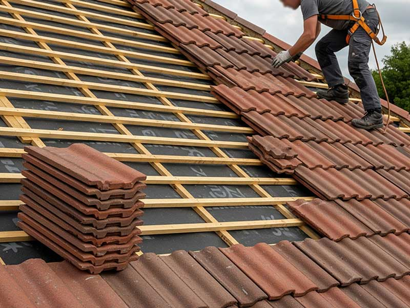 Roofing Installation Waynesville NC by Burish Builders Asheville: Worker installing red clay roof tiles over wood battens and underlayment.