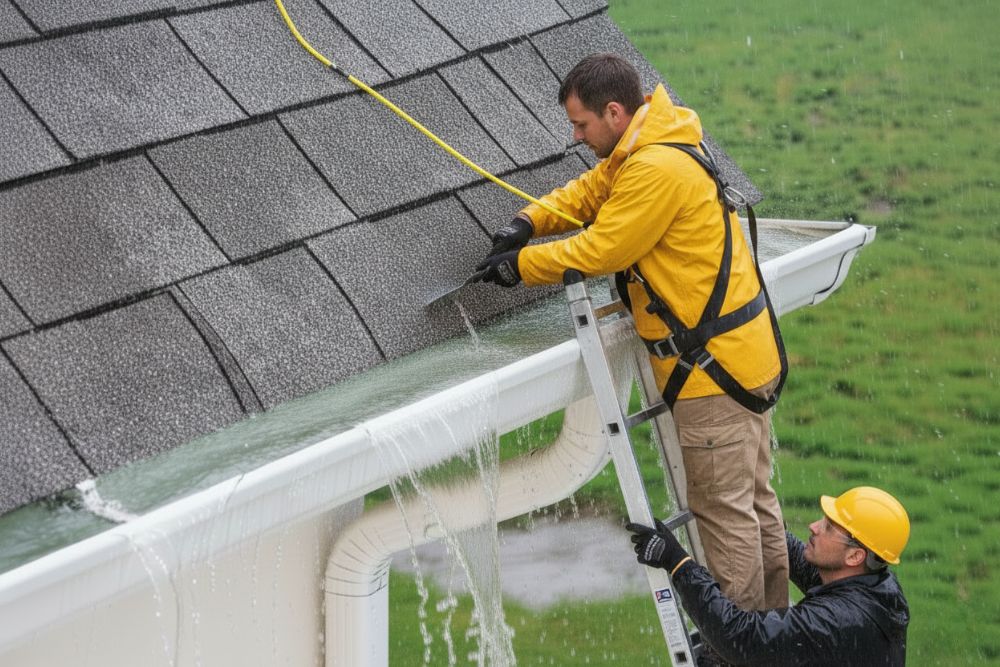 Technicians wearing safety gear repairing Anoka MN gutter damage on a residential roof in the rain.