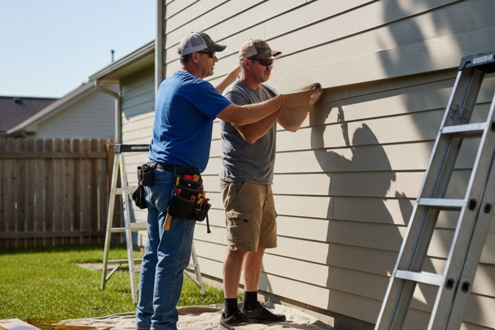 Professional Anoka MN siding contractor team installing beige lap siding on a residential home.