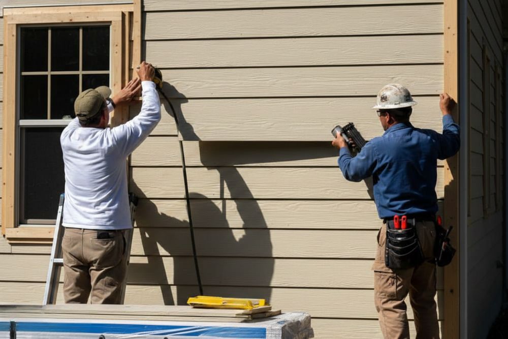 Anoka MN siding contractor installing exterior siding and custom window trim on a local residence.