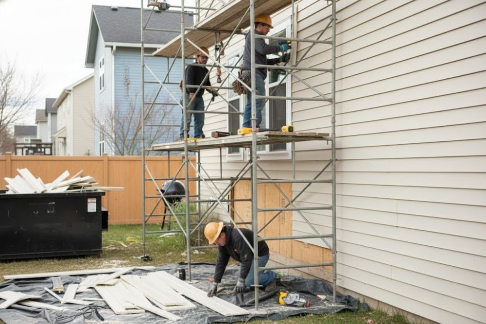 Professional contractors performing a Eugene residential siding replacement on a two-story home using scaffolding.