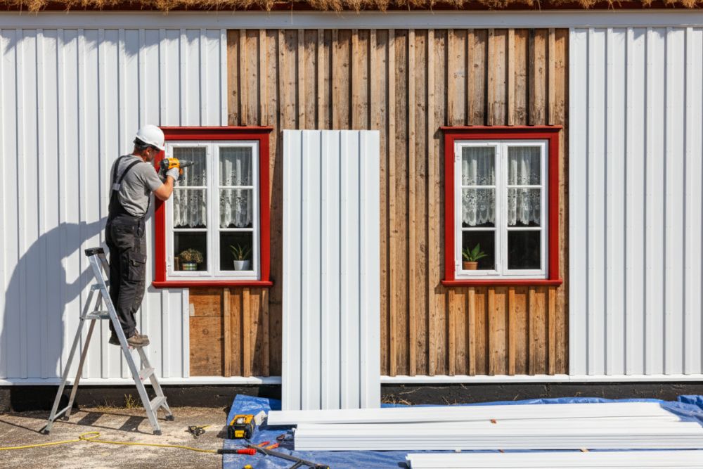 Professional contractor performing Florence residential siding replacement on a home with red window trim.