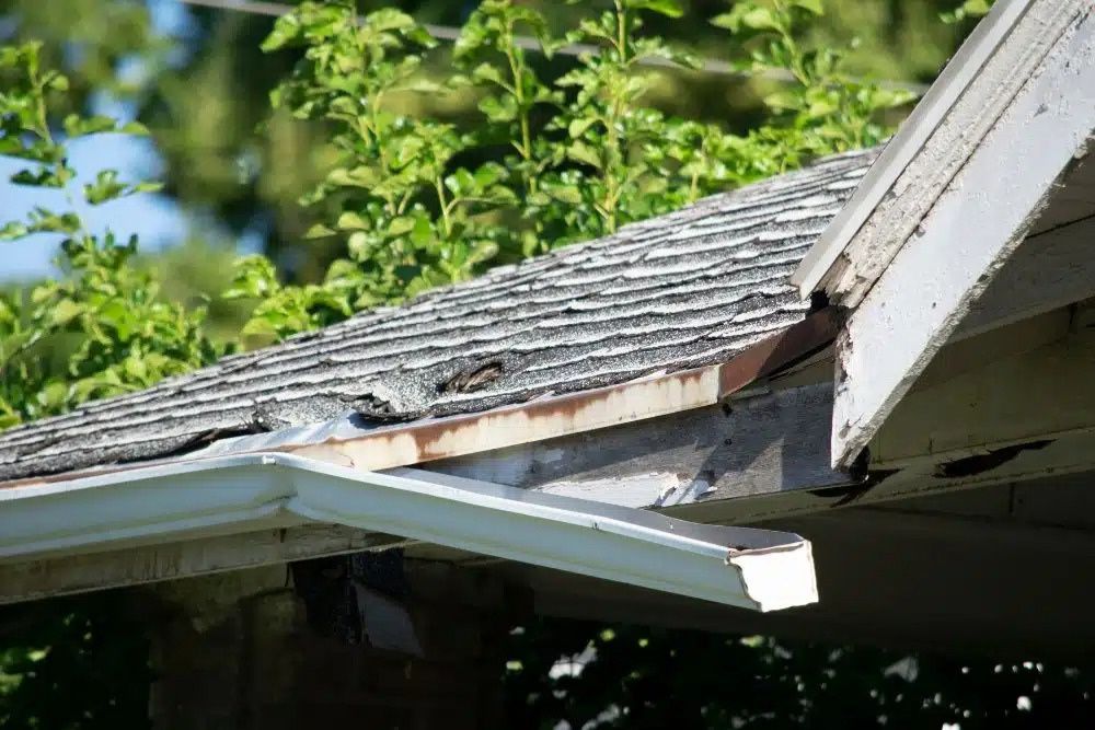 Severe Golden Valley MN commercial gutter damage featuring a detached white gutter and rotted fascia board.