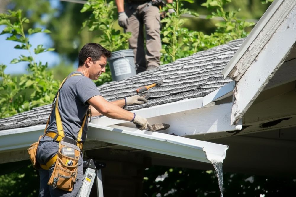 Professional contractor repairing Golden Valley MN commercial gutter damage on a sloped shingle roof.
