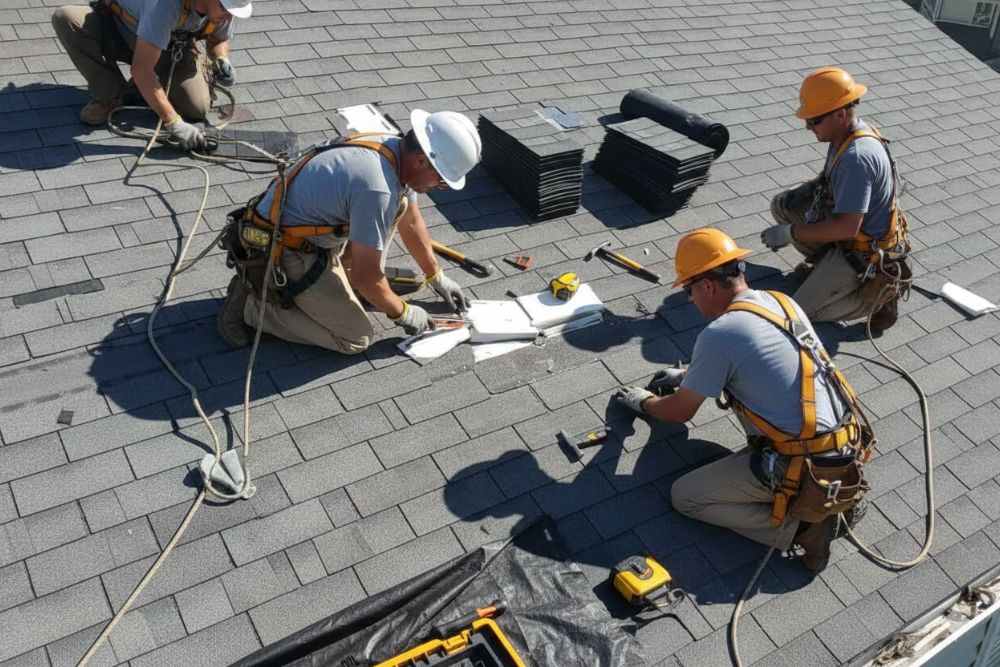 Professional roofing crew performing Golden Valley MN commercial storm damage repair on a shingle roof.