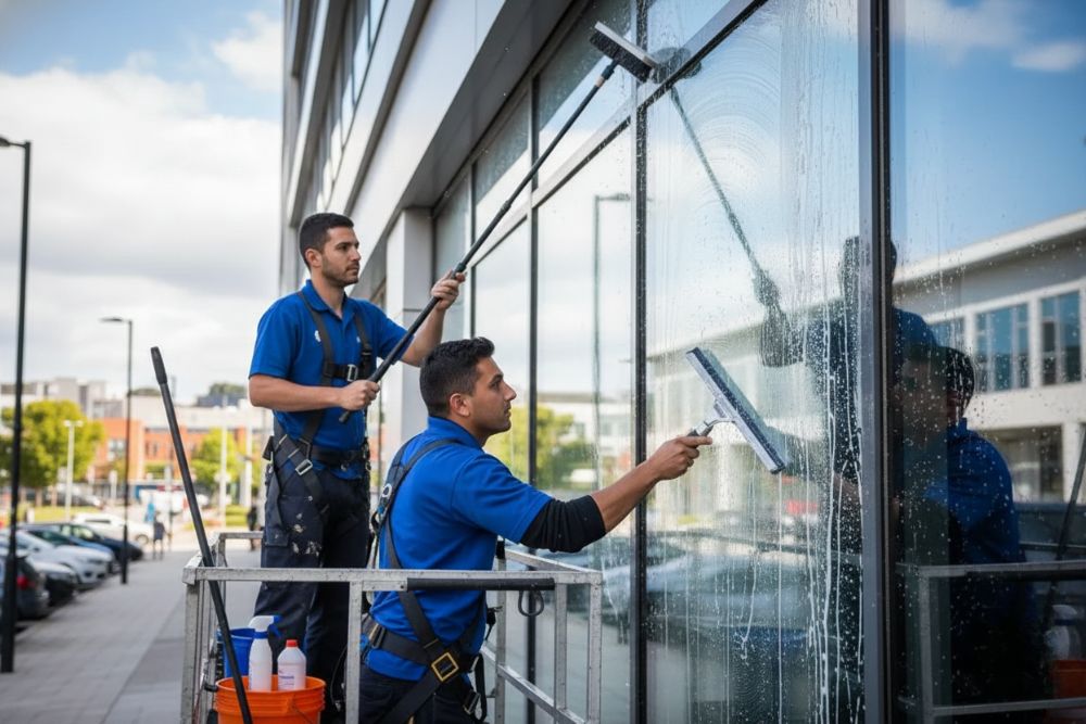 Two technicians performing Golden Valley MN commercial window services on a large office building.