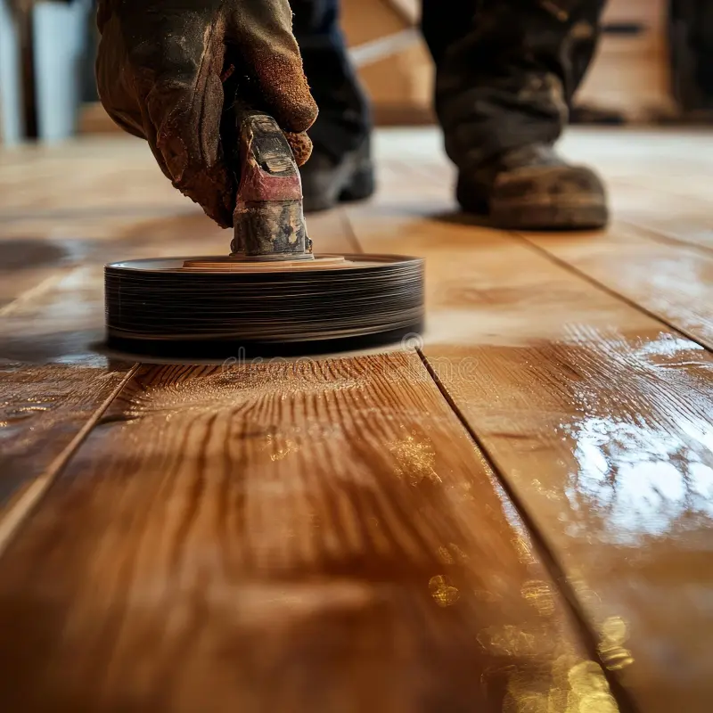 Hardwood Clean Buff Ballantyne NC by Good House Floor Care: Close-up of a professional buffing tool polishing glossy wood.
