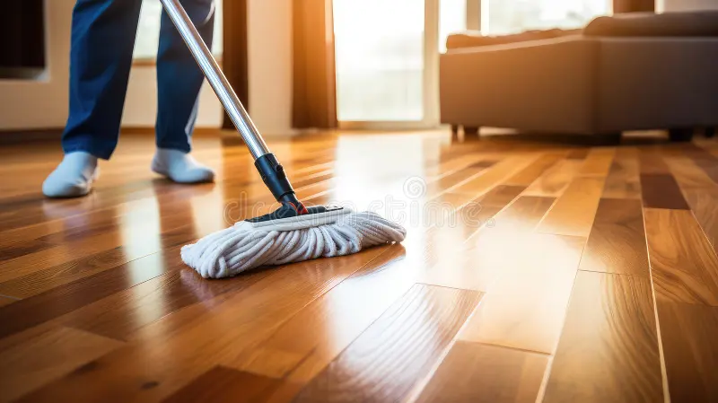 Hardwood Clean Buff Mint Hill NC by Good House Floor Care: Microfiber mopping a polished, sunlit hardwood floor to a shine.