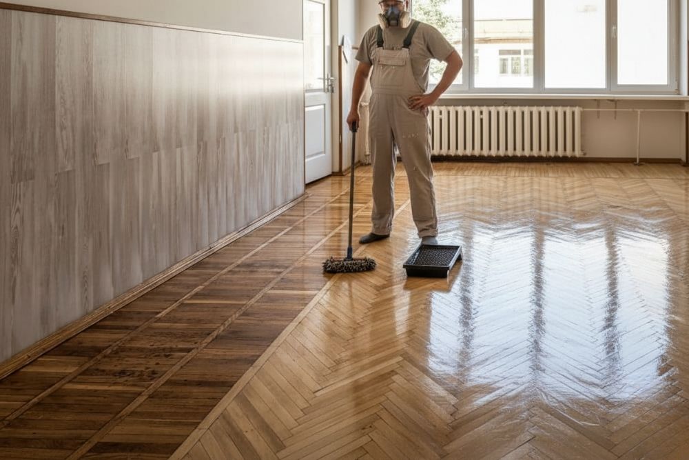 Expert technician providing Hardwood Floor Polishing & Maintenance Mill Creek WA for a large residential room.