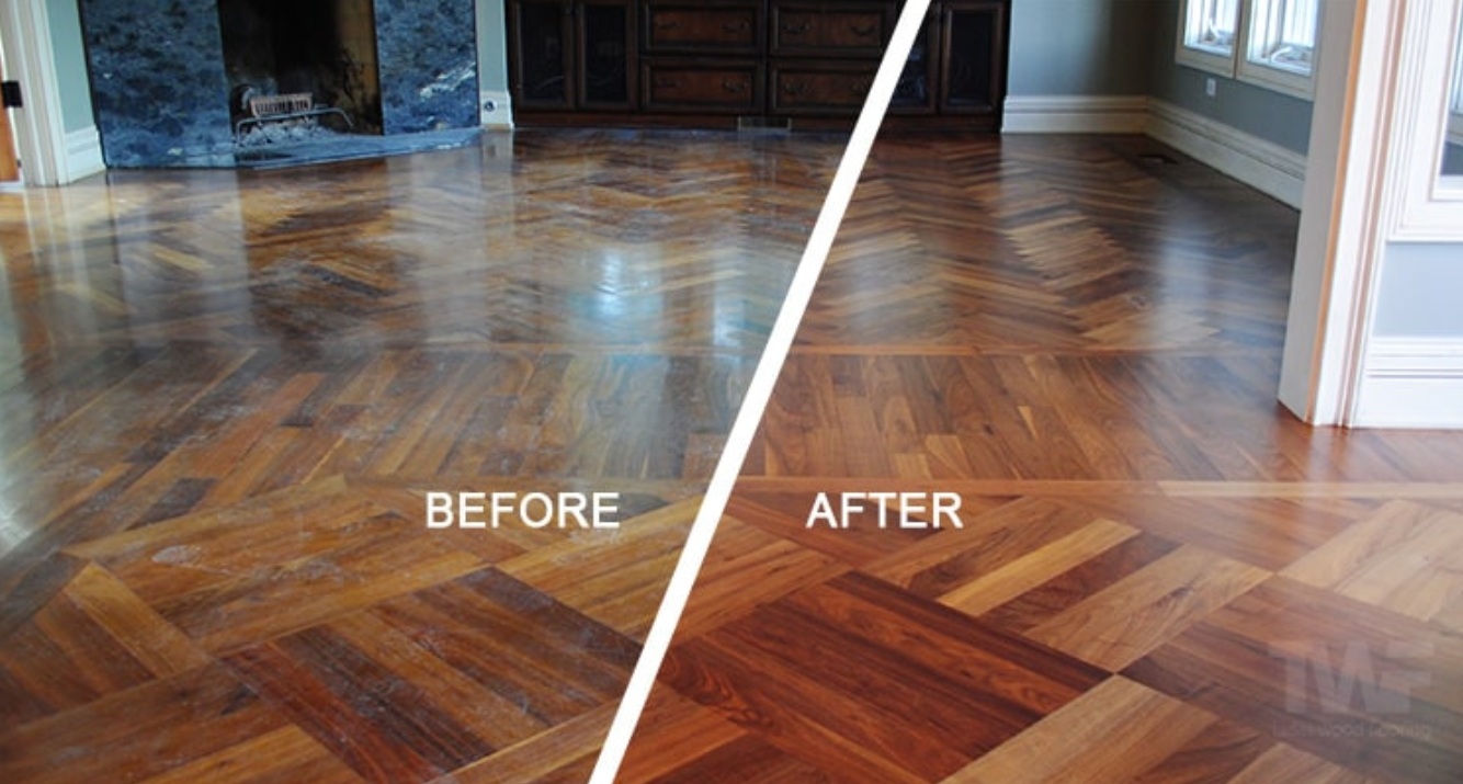 Hardwood Floor Screen and Recoat Mint Hill NC by Good House Floor Care: Before and after of a restored herringbone floor.