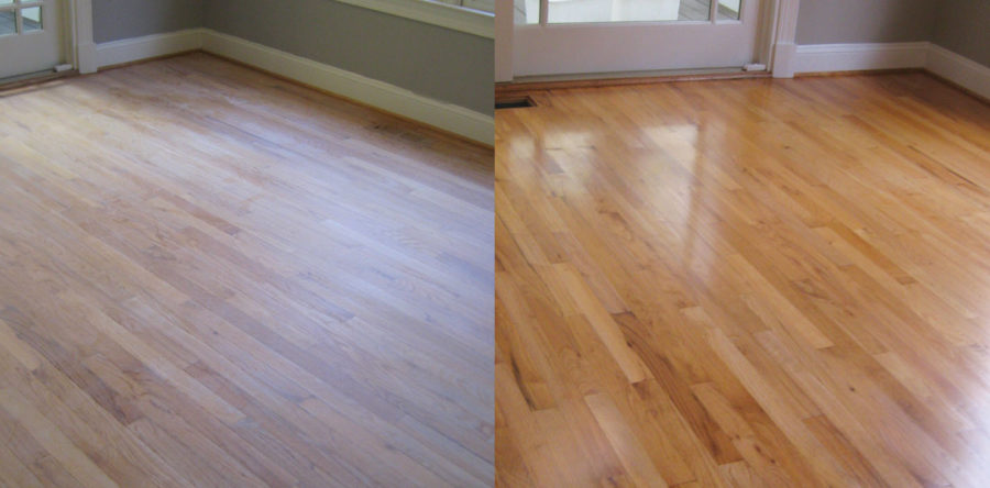 Hardwood Floor Screen and Recoat Mint Hill NC by Good House Floor Care: A side-by-side view of a dull vs. shiny wood floor.