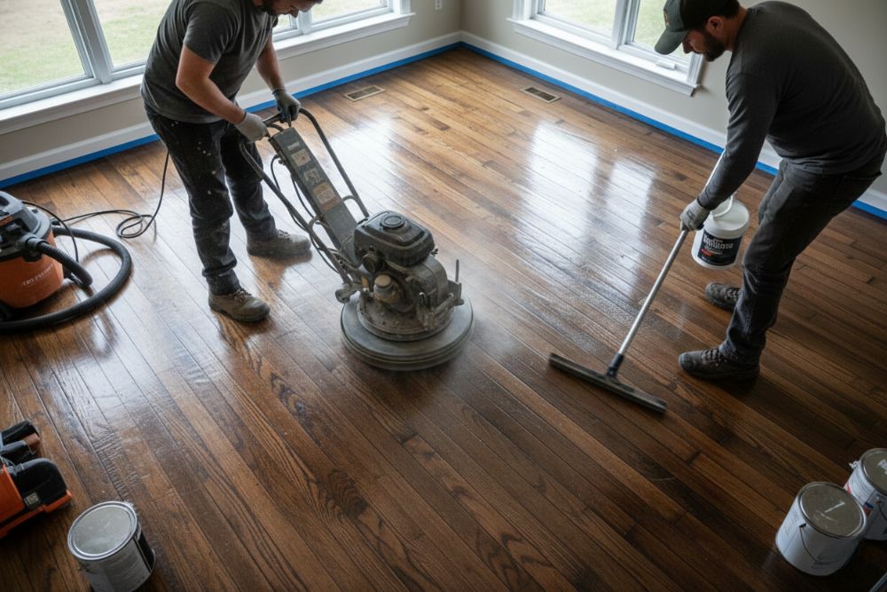 Professional flooring contractors performing a hardwood screen and recoat in a Burlington home to restore floor shine.