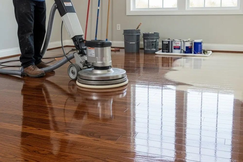 A professional technician performing a Hardwood Screen and Recoat High Point service using a floor buffer and dust containment vacuum.